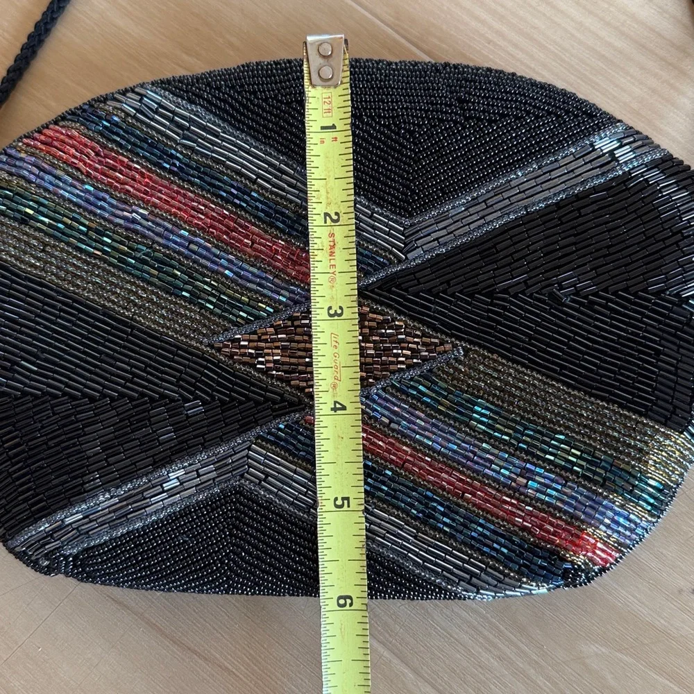VINTAGE BEADED CLUTCH PURSE GEOMETRIC BLACK MULTICOLORED EVENING BAG CROSSBODY